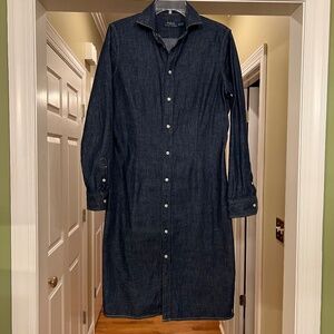 NWOT Polo Ralph Lauren Dark Wash Denim Chambray Shirt Midi Length Dress Size 12
